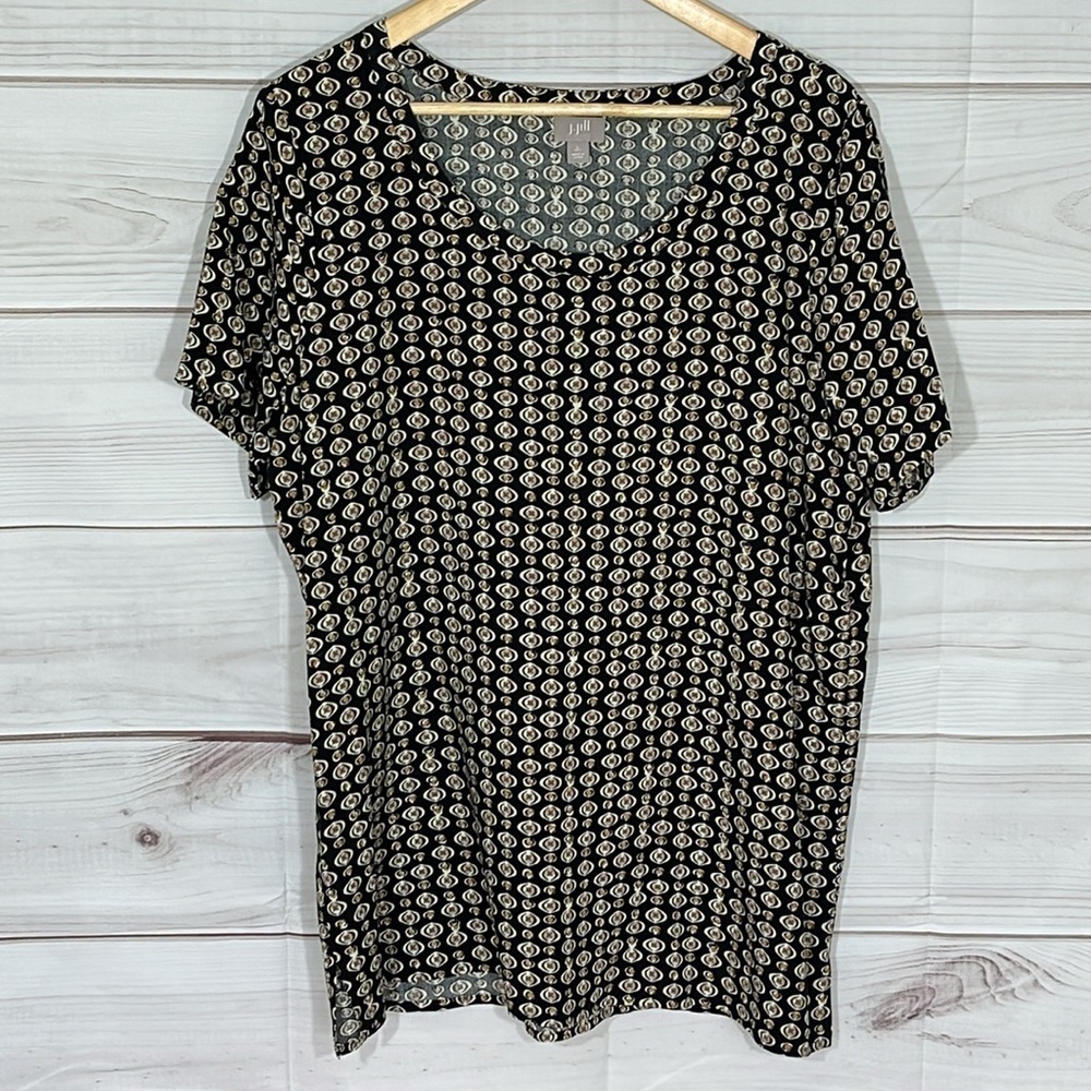 J. Jill Black & White & Tan Print Rayon Pullover Tunic Top Size Large Tall